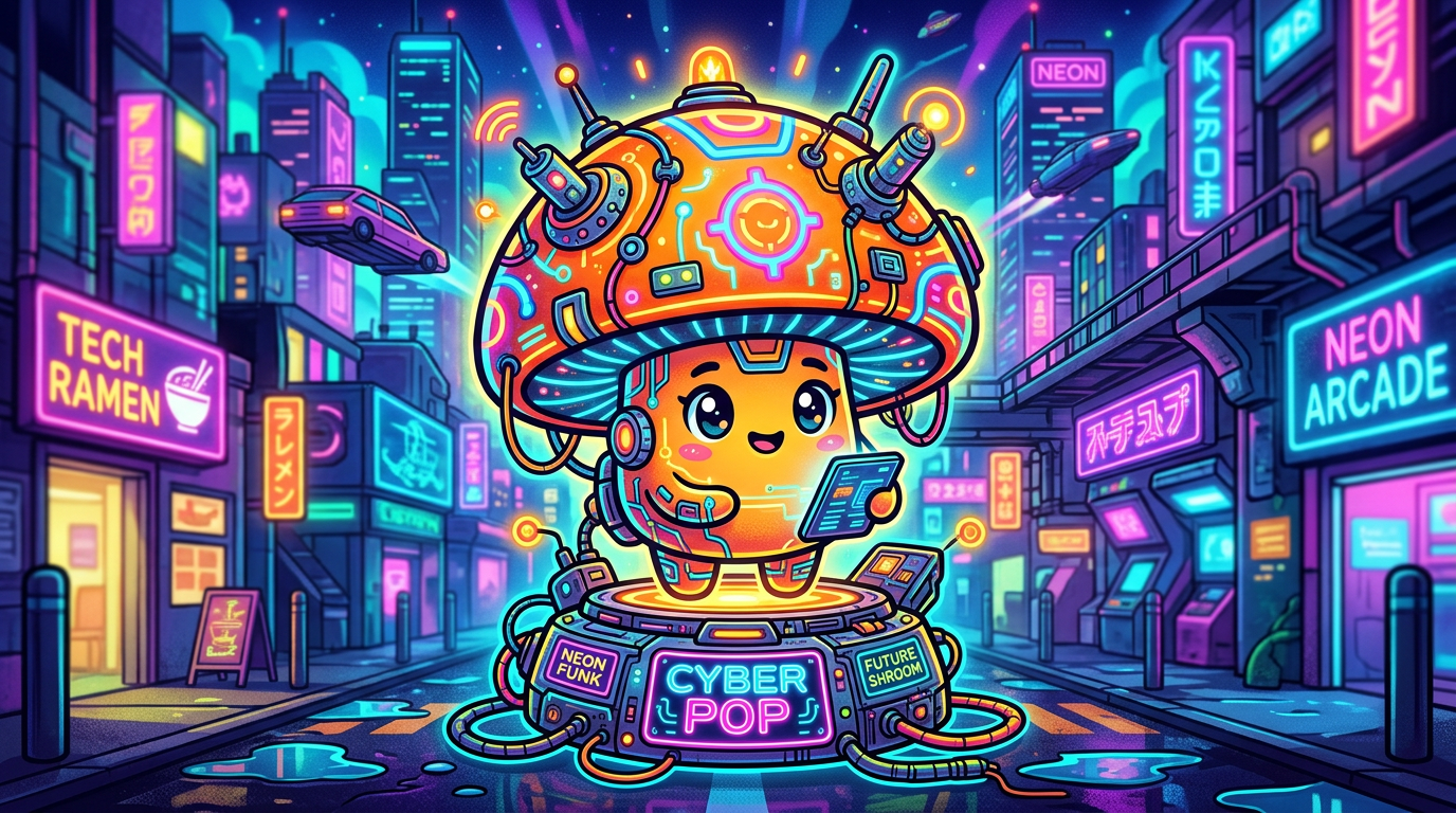 A cartoon cybernetic mushroom holding a digital tablet, surrounded by neon signs in a futuristic city street.